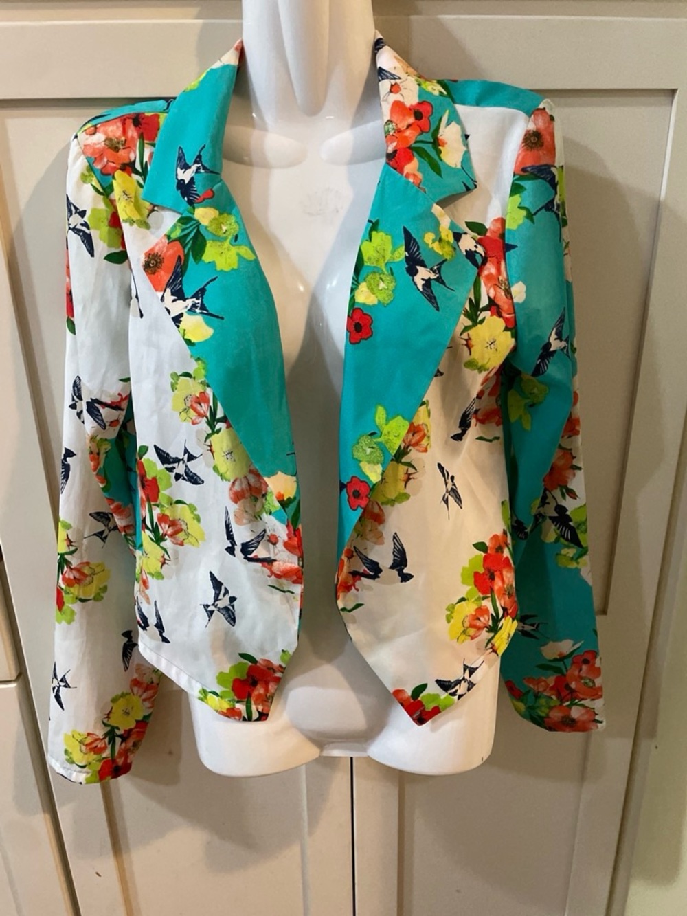 Floral Bird Print Open Blazer Jacket - Turquoise & White
